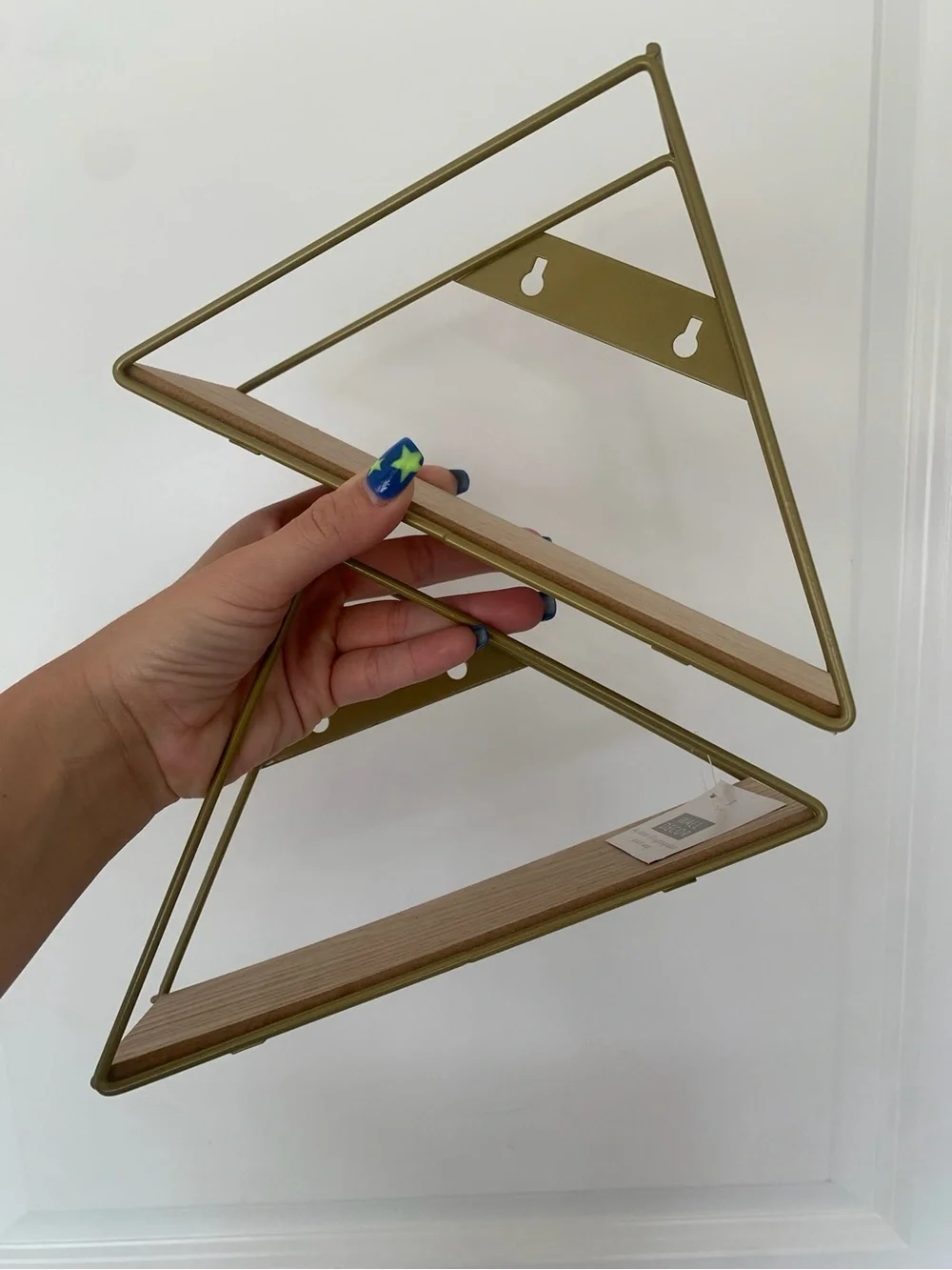 Set of 2 Small Geometric Triangle Wall Shelves - Gold Frame with Wood Planks New